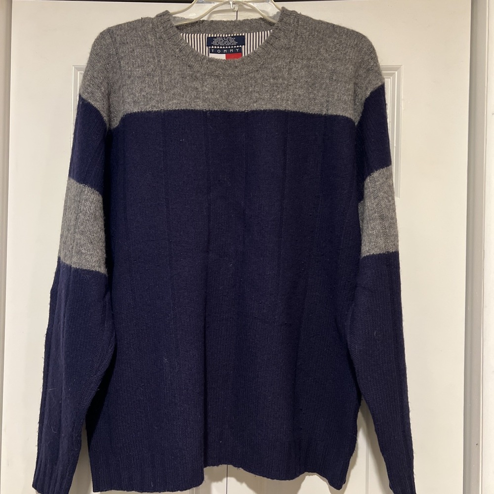 Mens Tommy Hilfiger Vintage Blue/Gray 100% Shetland Wool Sweater Pullover Size L